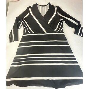 Tiana B Black White Striped Wrap V Neck Long Sleeve Dress XL Mob Wife Luxury